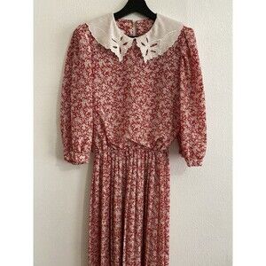 Vintage AFII Sz 12 (Fits M) Dress Cottagecore Pleated Red White Coquette H9